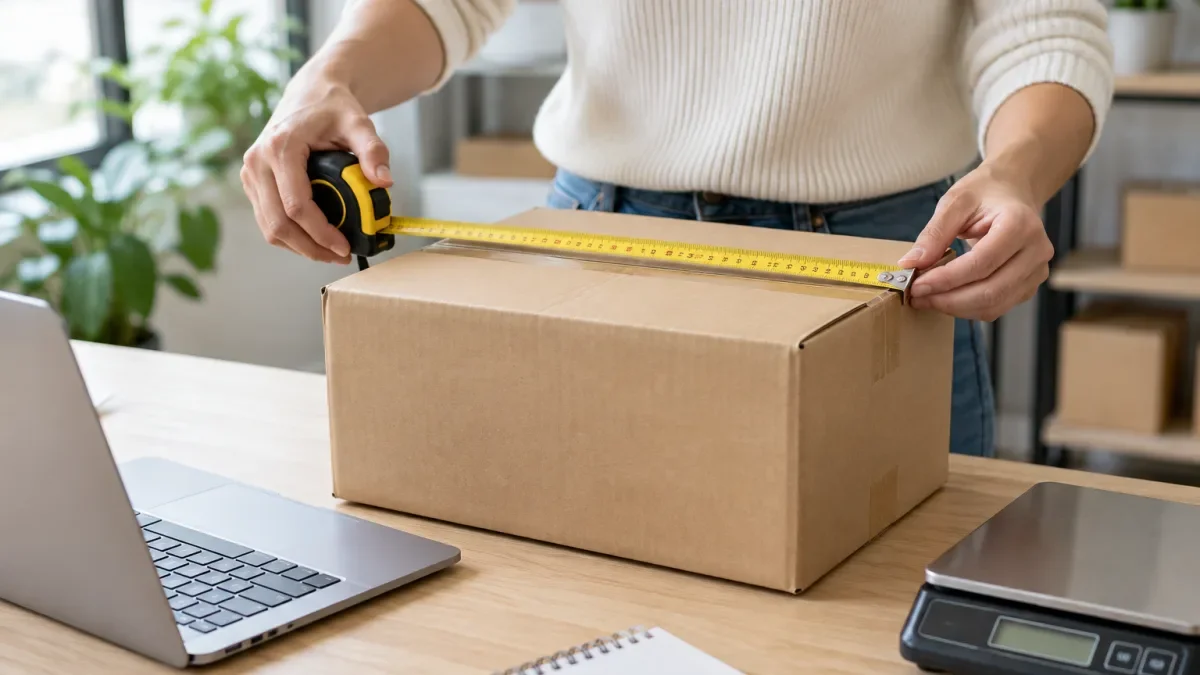 Perempuan merentangkan meteran kuning pada kardus di meja dengan laptop, timbangan digital, dan buku catatan di dekatnya