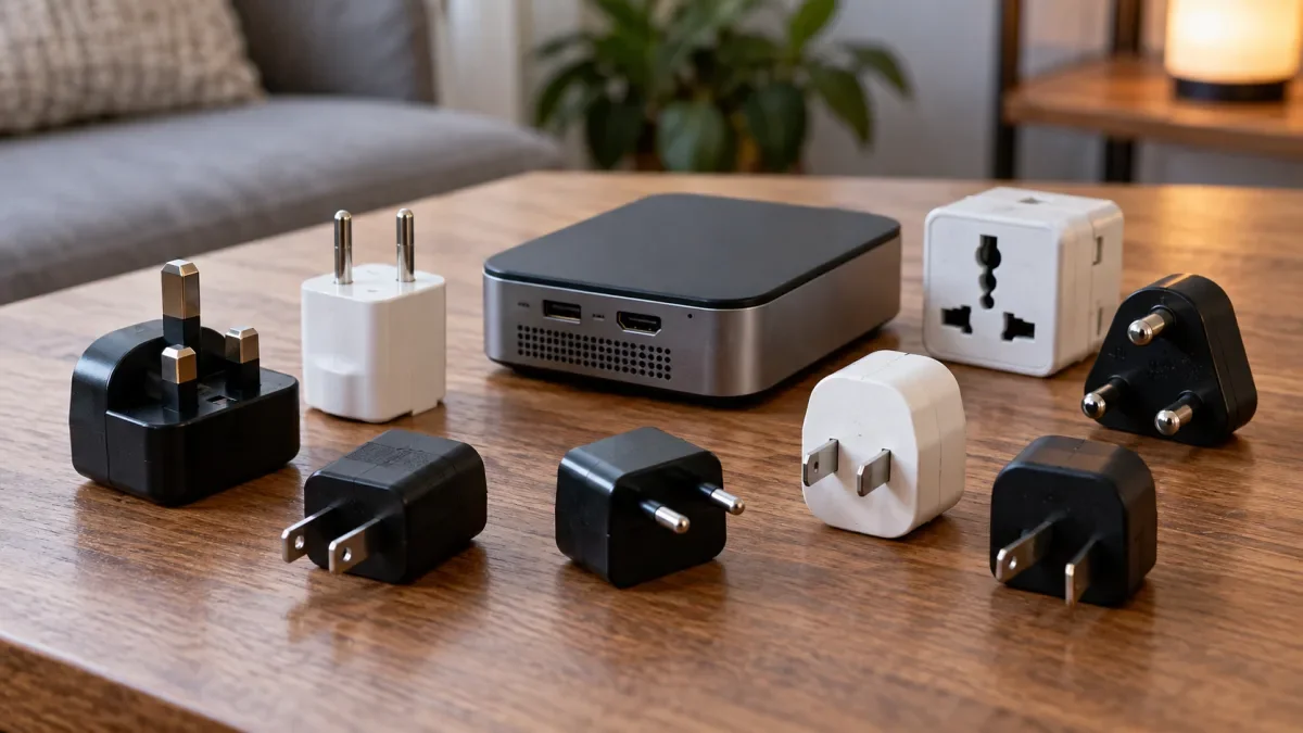Beberapa adaptor dan colokan dengan bentuk pin berbeda tersusun di meja di samping perangkat elektronik kecil
