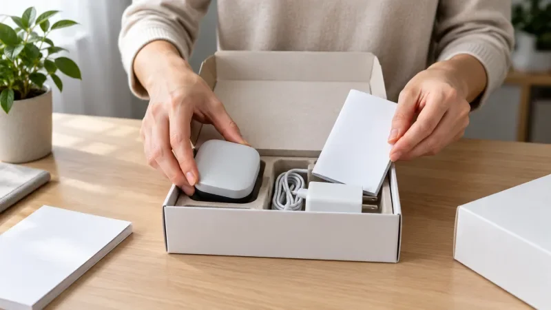Tangan memasukkan gadget kecil, pengisi daya, dan lembar petunjuk kertas polos ke dalam kotak ritel putih