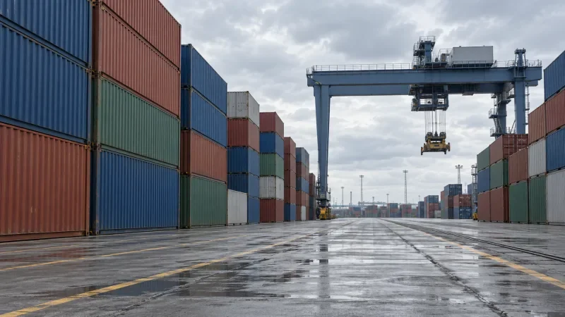 Deretan kontainer pengiriman bertumpuk di area terminal pelabuhan dengan crane di latar belakang