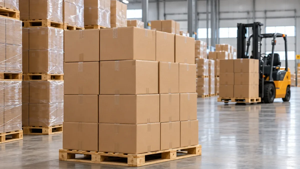 Gudang logistik dengan tumpukan kardus di atas pallet kayu dan forklift kuning di latar belakang