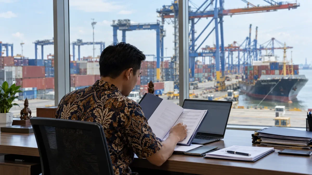 Eksportir memeriksa dokumen transaksi di meja kantor dengan pemandangan kontainer di pelabuhan