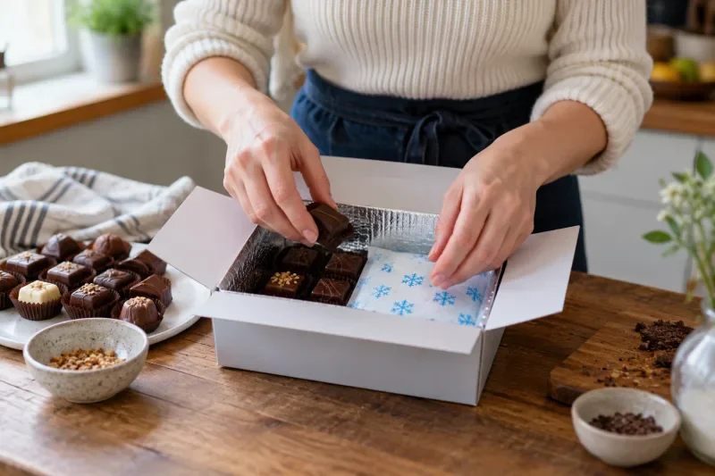Tangan menata cokelat praline ke dalam kotak berlapis foil dengan kantong pendingin di sampingnya