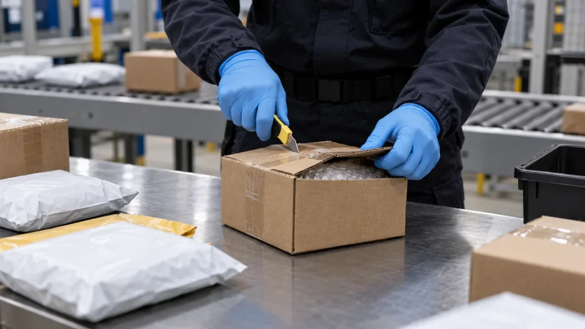Tangan bersarung biru membuka paket kecil di meja pemeriksaan dengan paket lain menunggu di dekatnya