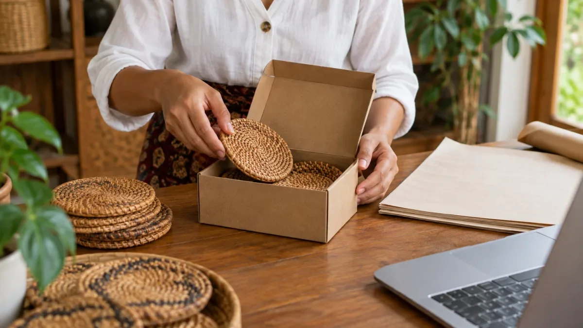 Perempuan menata anyaman bundar ke dalam kotak kardus di meja kayu dengan laptop dan kertas kraft di dekatnya