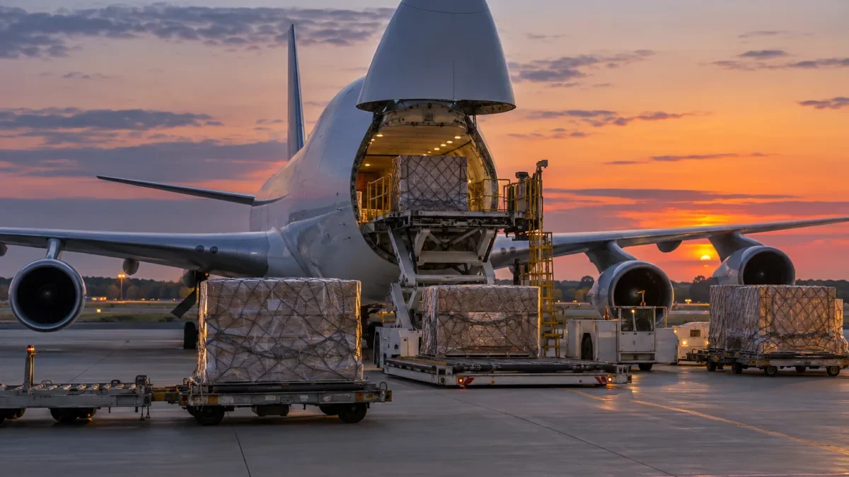 Pesawat kargo besar dengan hidung terbuka sedang memuat palet barang di apron bandara saat senja
