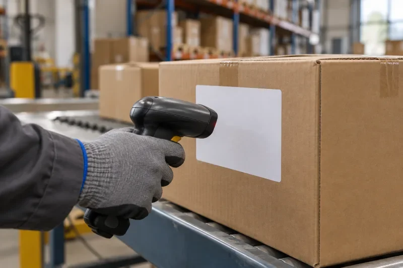 Tangan bersarung tangan memindai label putih polos pada kardus di gudang dengan pemindai genggam