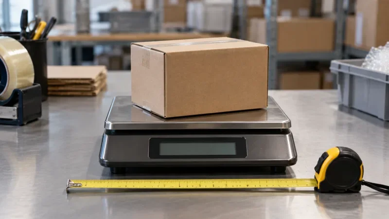 Kardus kecil di atas timbangan digital dengan meteran terbentang di sampingnya pada meja kerja logistik