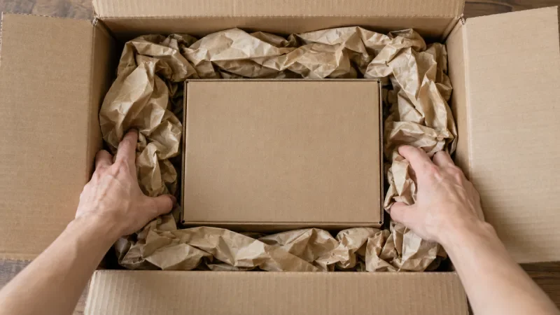 Tangan menekan kertas kraft yang diremas di sekeliling kardus kecil di dalam kardus luar yang lebih besar